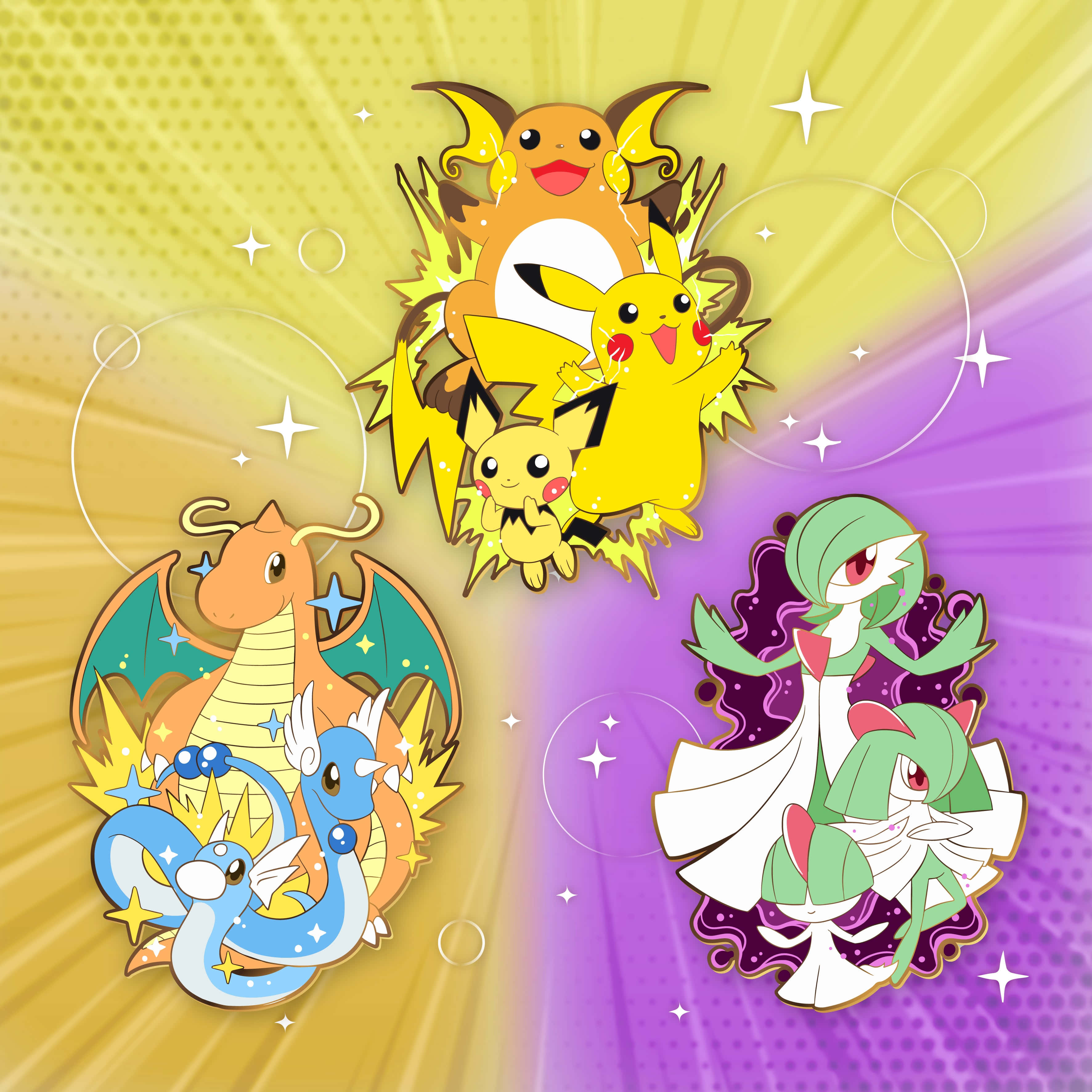 Pokemon Evolution 桌布 壁紙 — 充滿活力的動漫風格寶可夢角色在金色紫色漸變背景上散發能量，並伴有閃爍的星星。