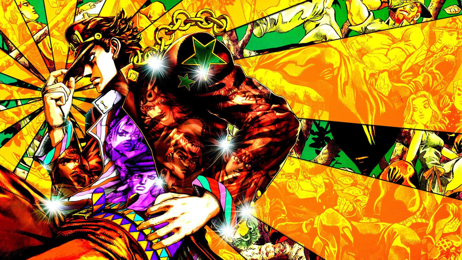Diamond Is Unbreakable 桌布 壁紙 — 充滿活力的動漫風格插圖，描繪一位戴著星星裝飾帽子的肌肉男，周圍環繞著動態漫畫面板和發光高光。