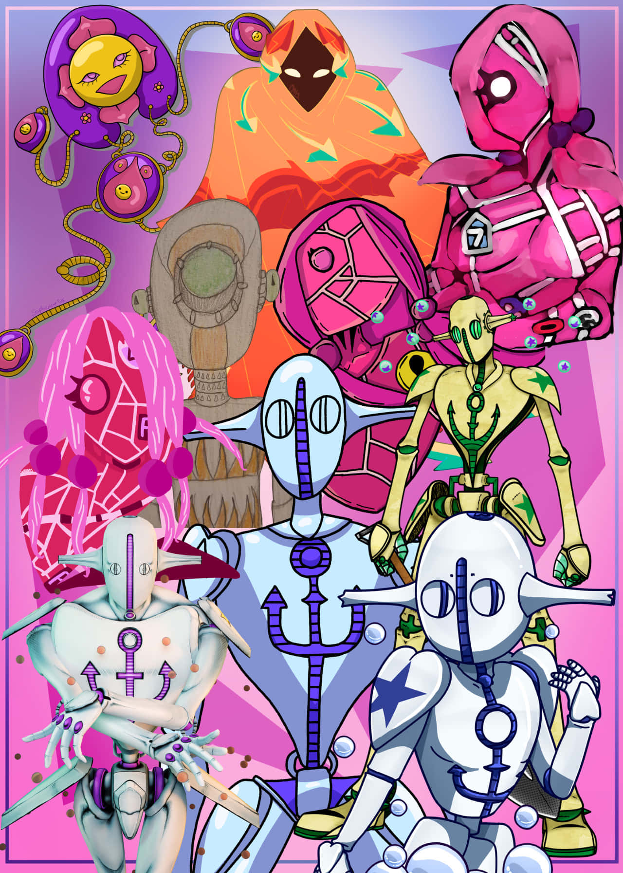 Jojolion 桌布 壁紙 — 充滿活力的動漫風格插圖，描繪多樣化的機械人和外星人角色，帶有鮮明的粉紅色、紫色和橙色色調。