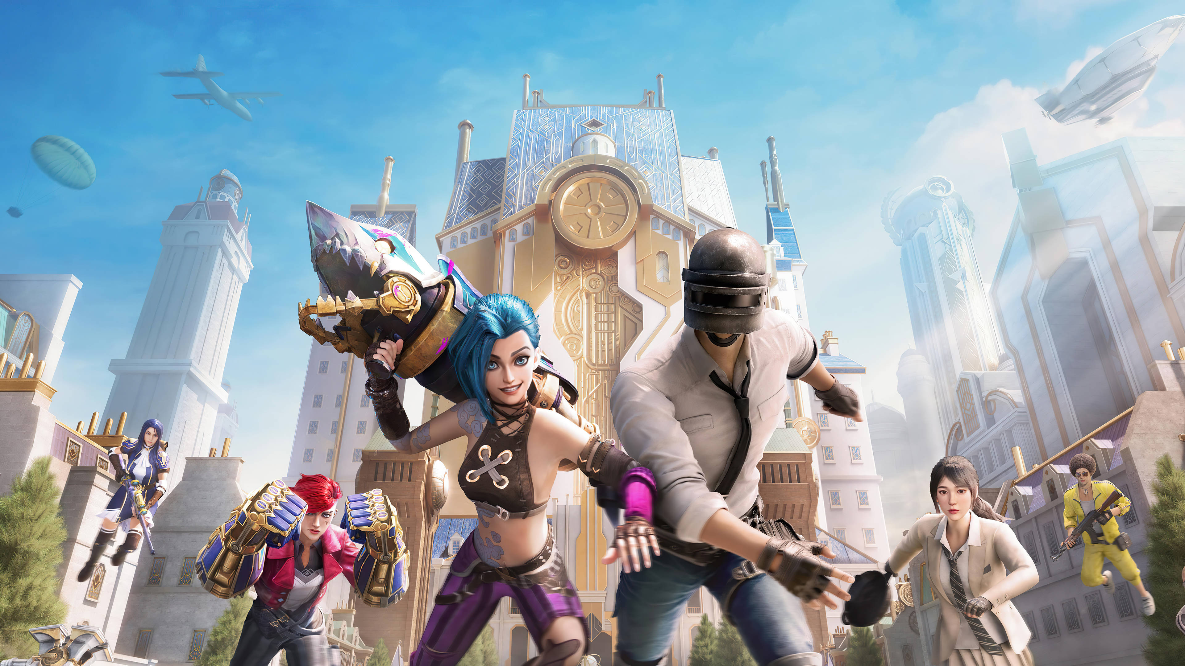 PUBG 桌布 壁紙 — 充滿活力的動漫風格角色，在未來城市中，有飛行車輛和高聳的鐘樓，背景是明亮的藍天。