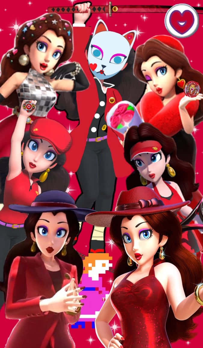 Pauline 桌布 壁紙 — 充滿活力的動漫風格角色穿著紅色服裝，在閃爍的紅色背景前動態擺姿勢，配有貓面具和心形圖標。