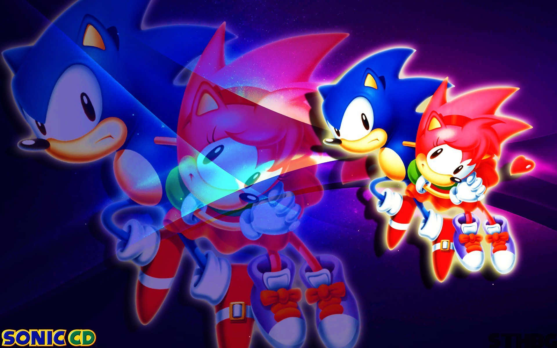 Sonic Cd 桌布 壁紙 — 充滿活力的動漫風格超音鼠角色，在發光的宇宙背景前擺出動態姿勢，帶有霓虹條紋。