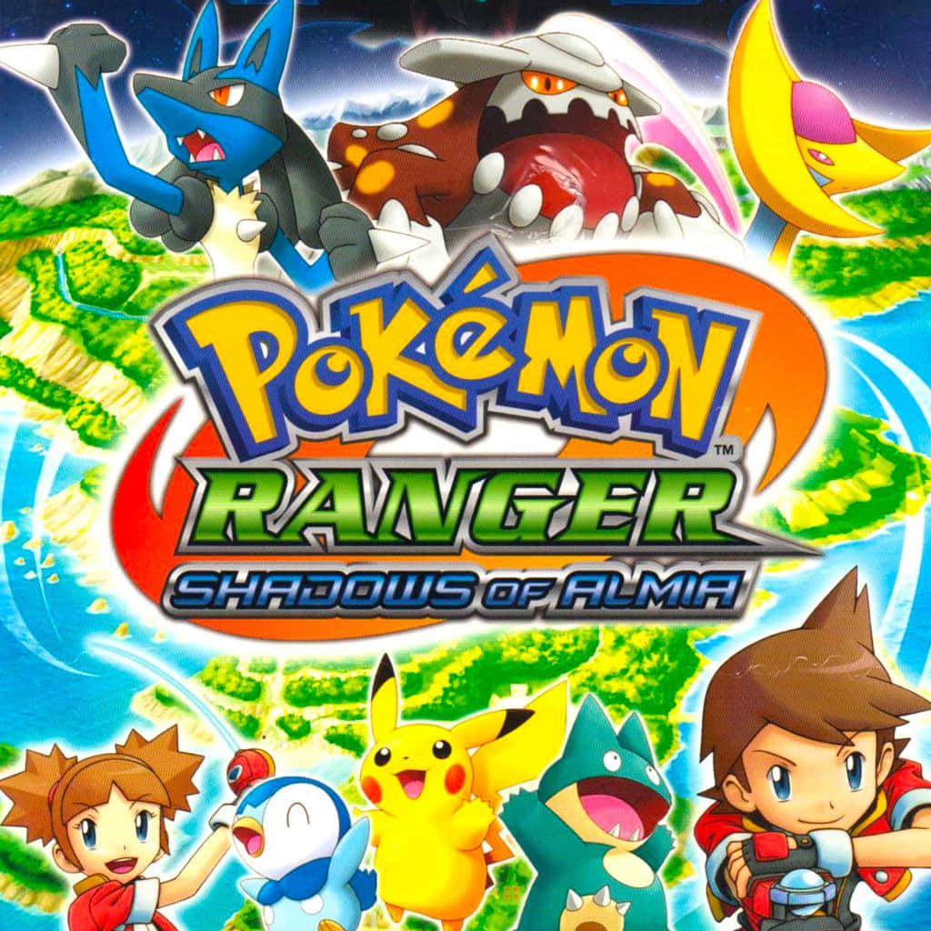 Pokemon Ranger 桌布 壁紙 — 充滿活力的動漫風格遊戲封面， featuring 比卡超和朋友們在色彩繽紛的奇幻背景下與巨型 Pokémon 戰鬥。