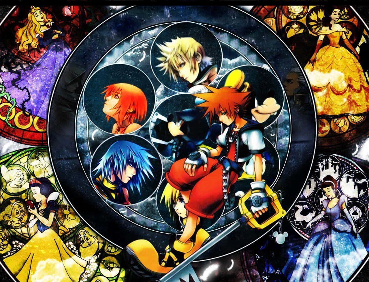 Kingdom Hearts Riku 桌布 壁紙 — 充滿活力的動畫壁紙，以圓形框架中的王國之心角色為特色，周圍環繞著彩繪玻璃風格的迪士尼公主。