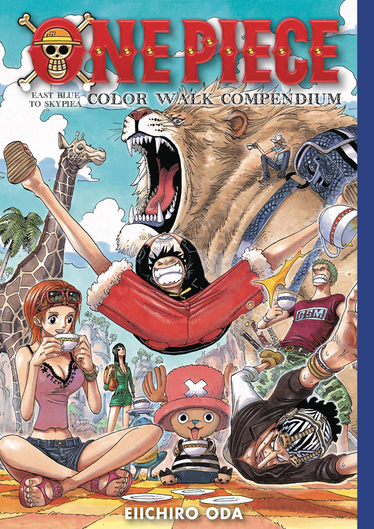 Skypiea 桌布 壁紙 — 充滿活力的動畫封面藝術， featuring One Piece 角色以動態姿勢呈現，伴隨著咆哮的獅子和長頸鹿，背景是熱帶天空。