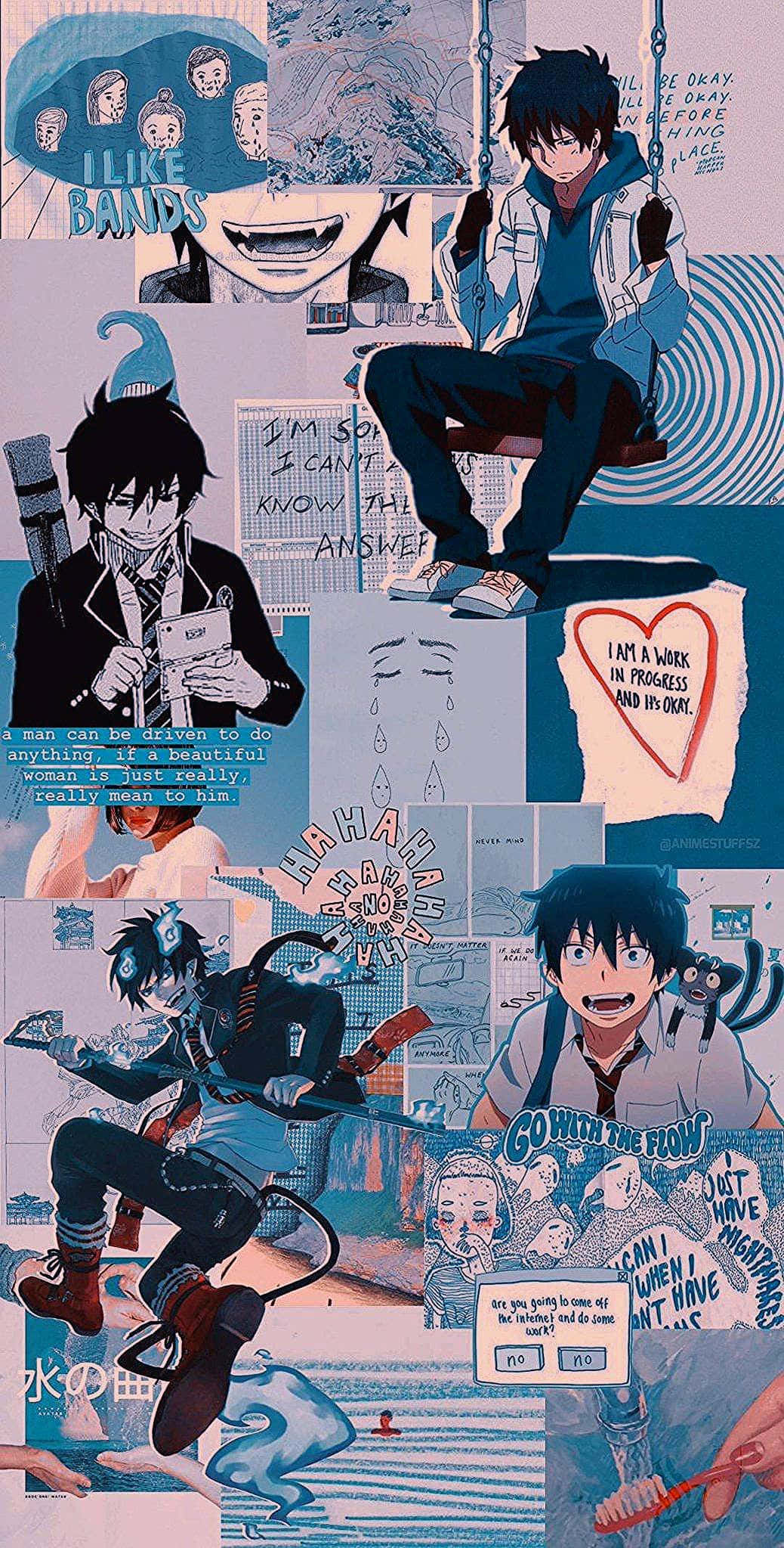 Anime Collage 桌布 壁紙 — 充滿活力的動畫拼貼畫，以藍髮主角在各種富有表現力的場景中搭配漫畫文字疊加為特色。