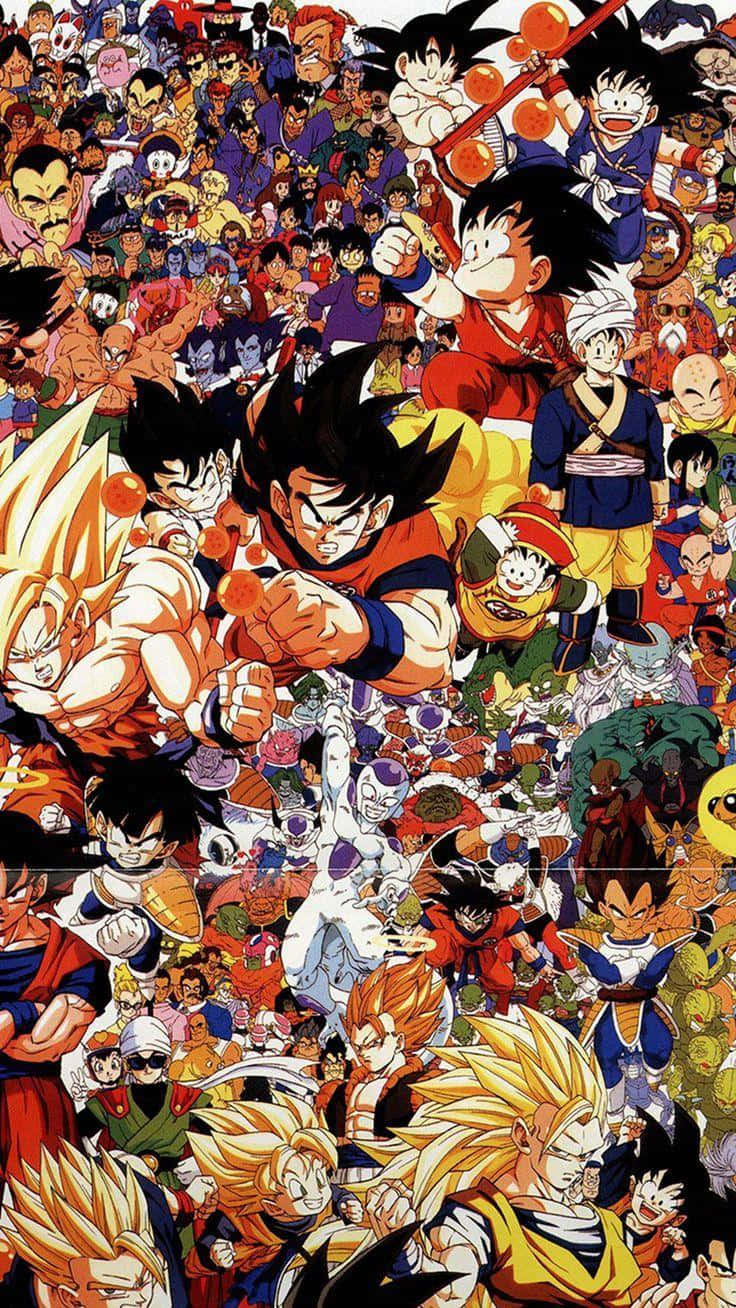 Dragon Ball Super Universe 6 桌布 壁紙 — 充滿活力的動畫拼貼畫，包含數十個龍珠角色，姿勢動感，服裝色彩繽紛。