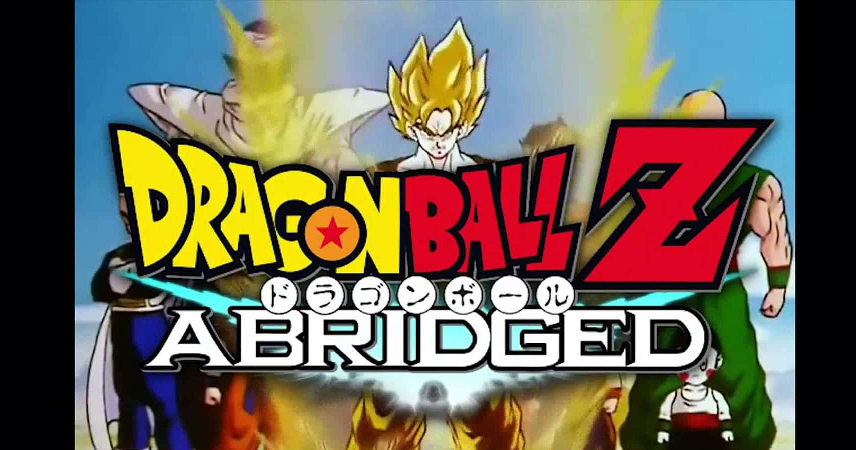 Dragon Ball Z Abridged 桌布 壁紙 — 充滿活力的動畫標題卡，用於《龍珠Z Abridged》，以尖刺頭髮的角色在明亮的藍天下擺出動態姿勢。