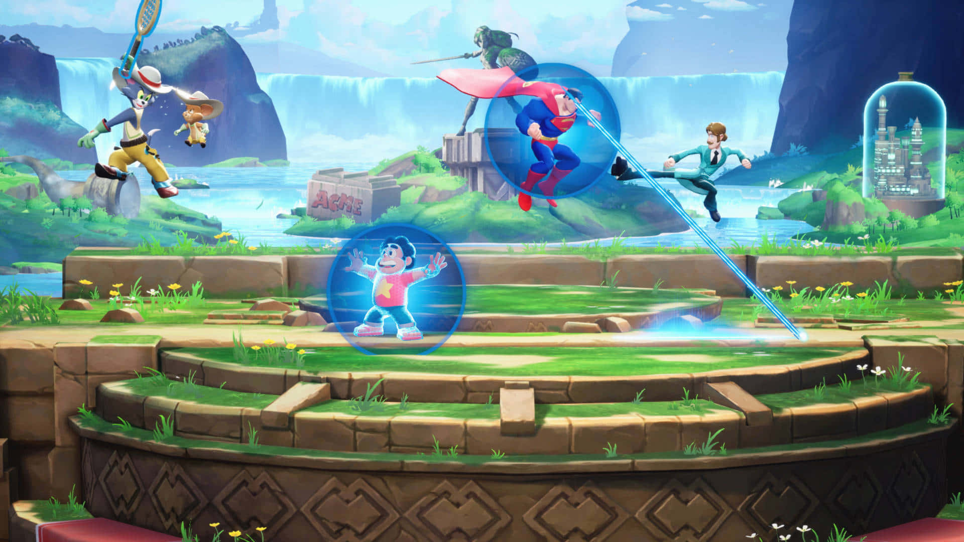 Fighting Games 桌布 壁紙 — 充滿活力的動畫角色在一個擁有瀑布和浮島的茂盛奇幻競技場中戰鬥。