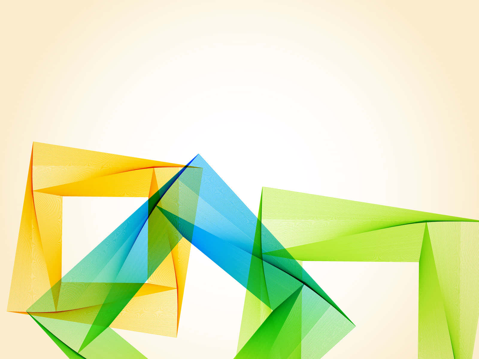 Vector Art 桌布 壁紙 — 充滿活力的半透明幾何形狀，以黃色、藍色和綠色漂浮在柔和的奶油色背景上。