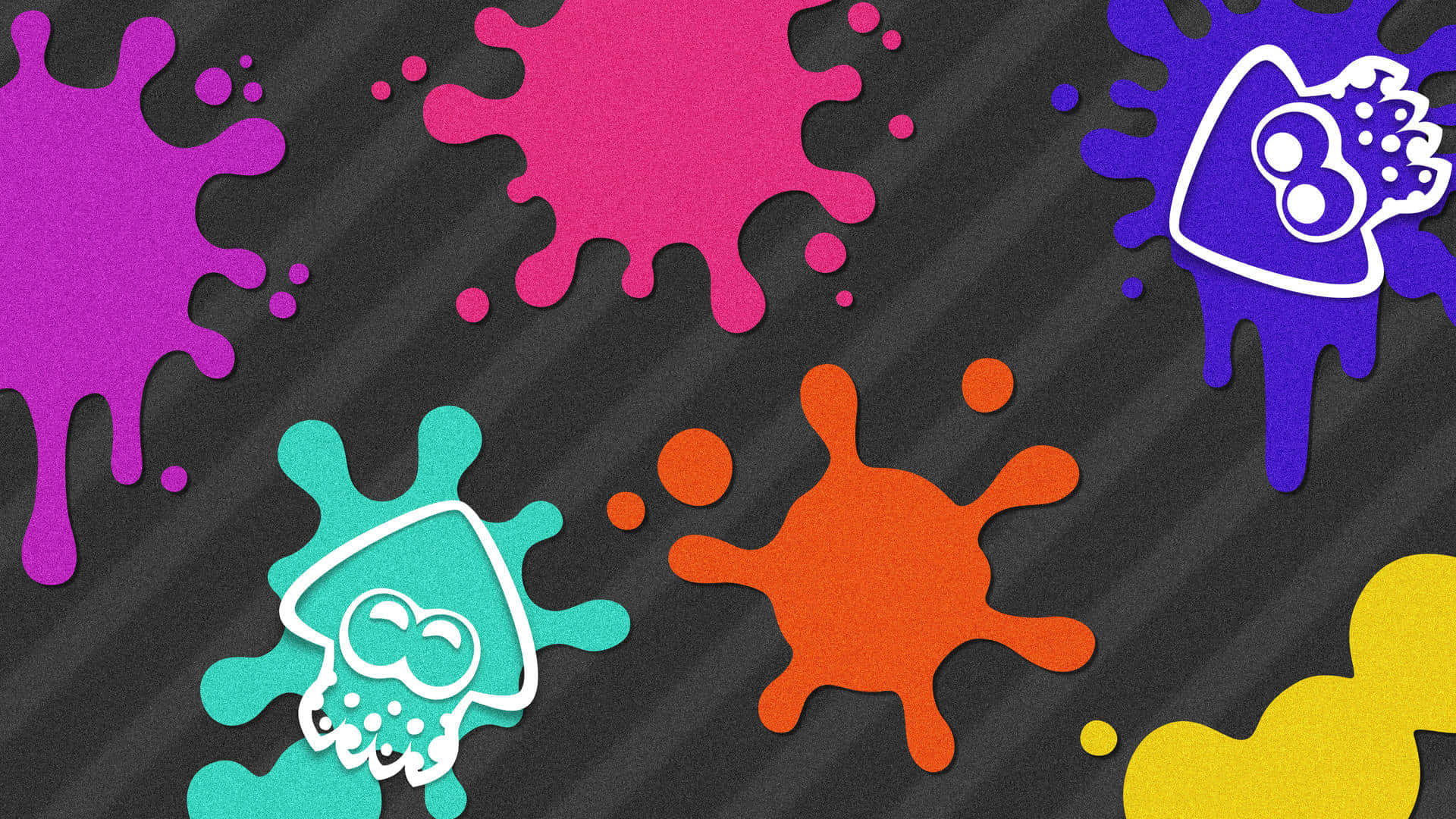 splatoon 桌布 壁紙 — 充滿活力的卡通墨水飛濺，紫色、粉紅色、藍綠色、橙色和黃色在深色紋理背景上爆發。