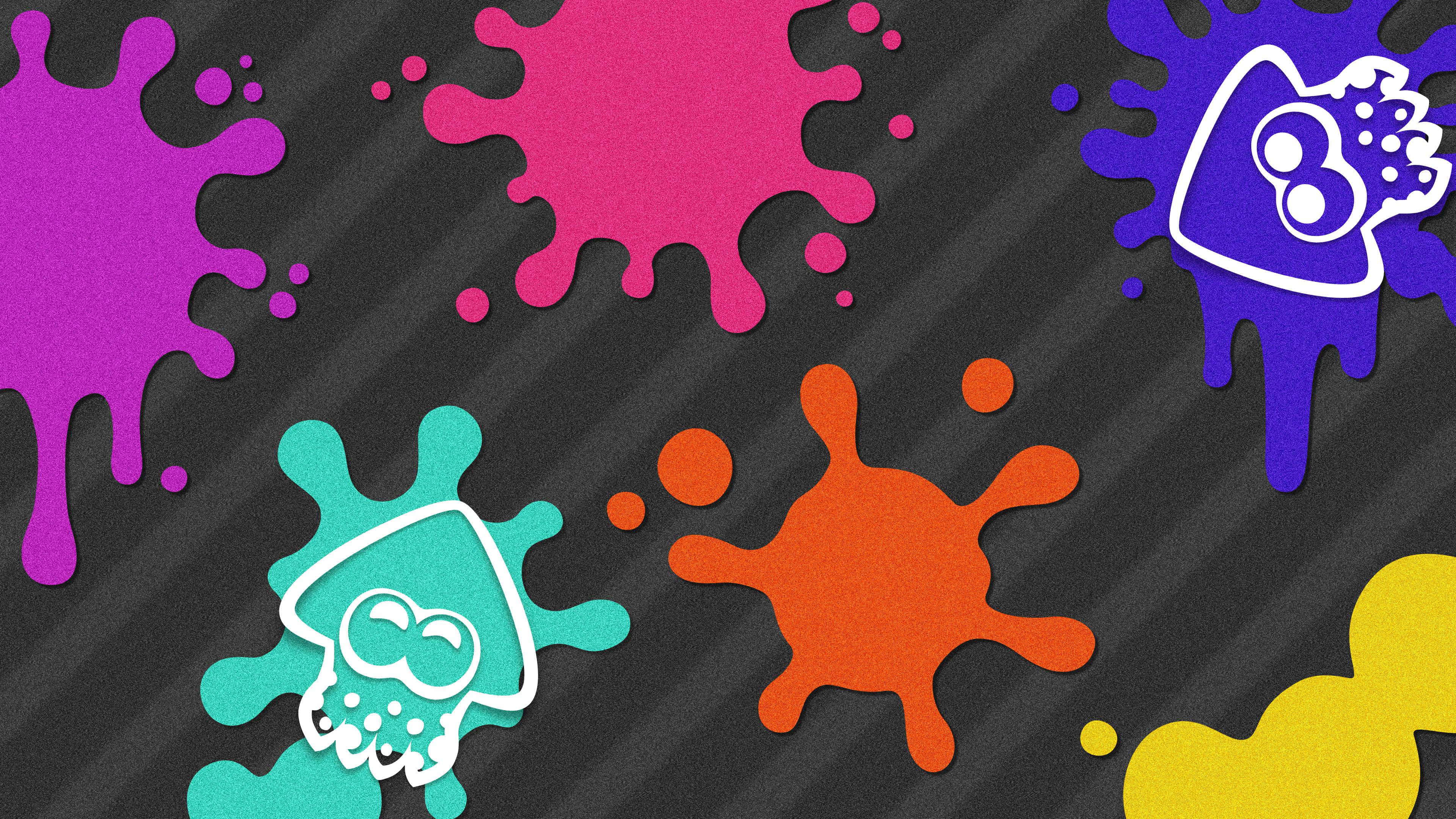 splatoon 2 桌布 壁紙 — 充滿活力的卡通墨水飛濺，顏色有紫色、粉紅色、藍綠色、橙色和黃色，背景是深灰色條紋。