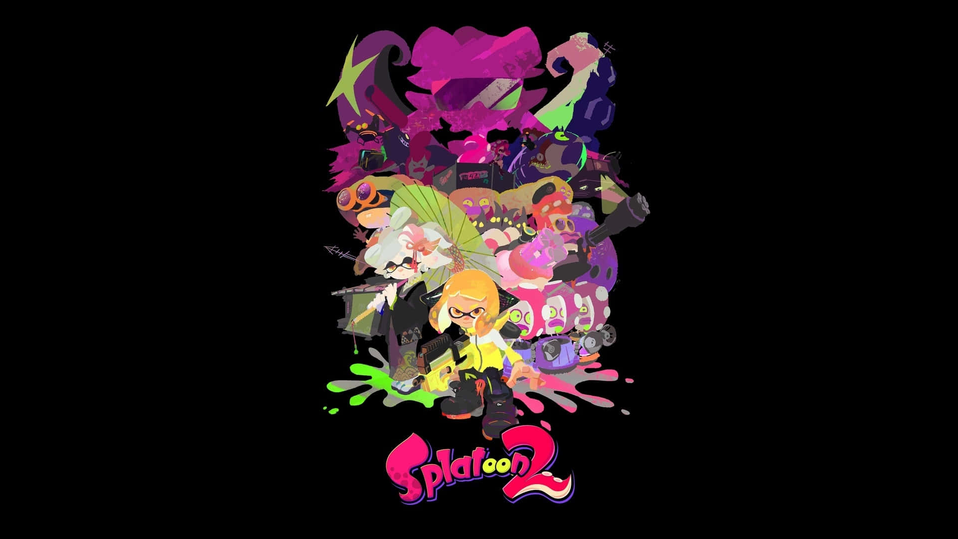 splatoon 桌布 壁紙 — 充滿活力的卡通墨水飛濺和角色從黑色背景中爆發，下方有Splatoon 2標誌。
