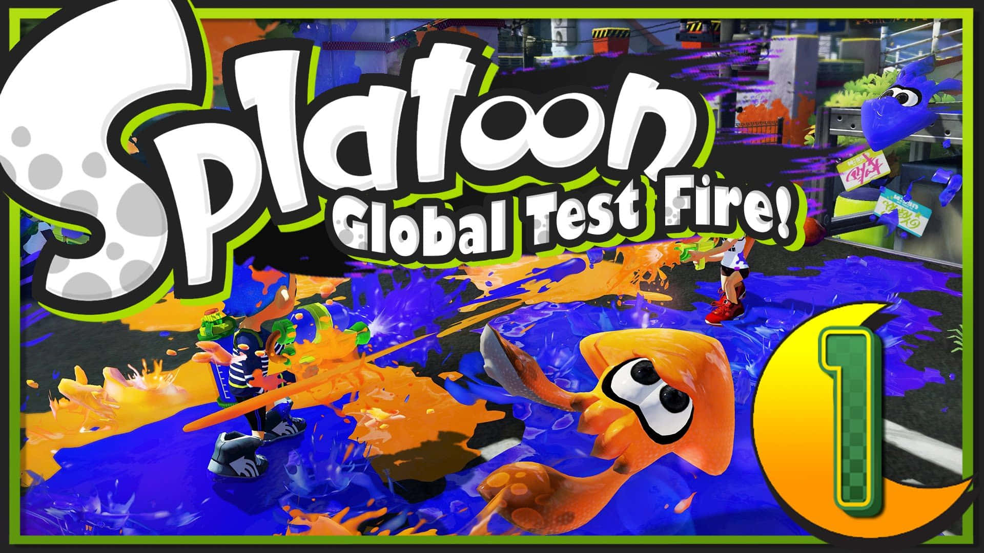 splatoon 桌布 壁紙 — 充滿活力的卡通墨水飛濺在混亂的遊戲競技場中爆炸，橙色和藍色的魷魚狀角色用油漆槍戰鬥。