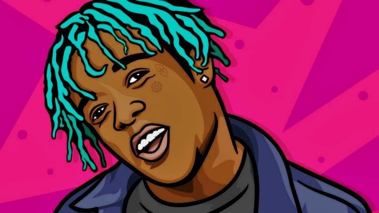 Lil Uzi Vert 桌布 壁紙 — 充滿活力的卡通肖像，人物擁有藍綠色辮子，背景為粉紅色幾何圖案。