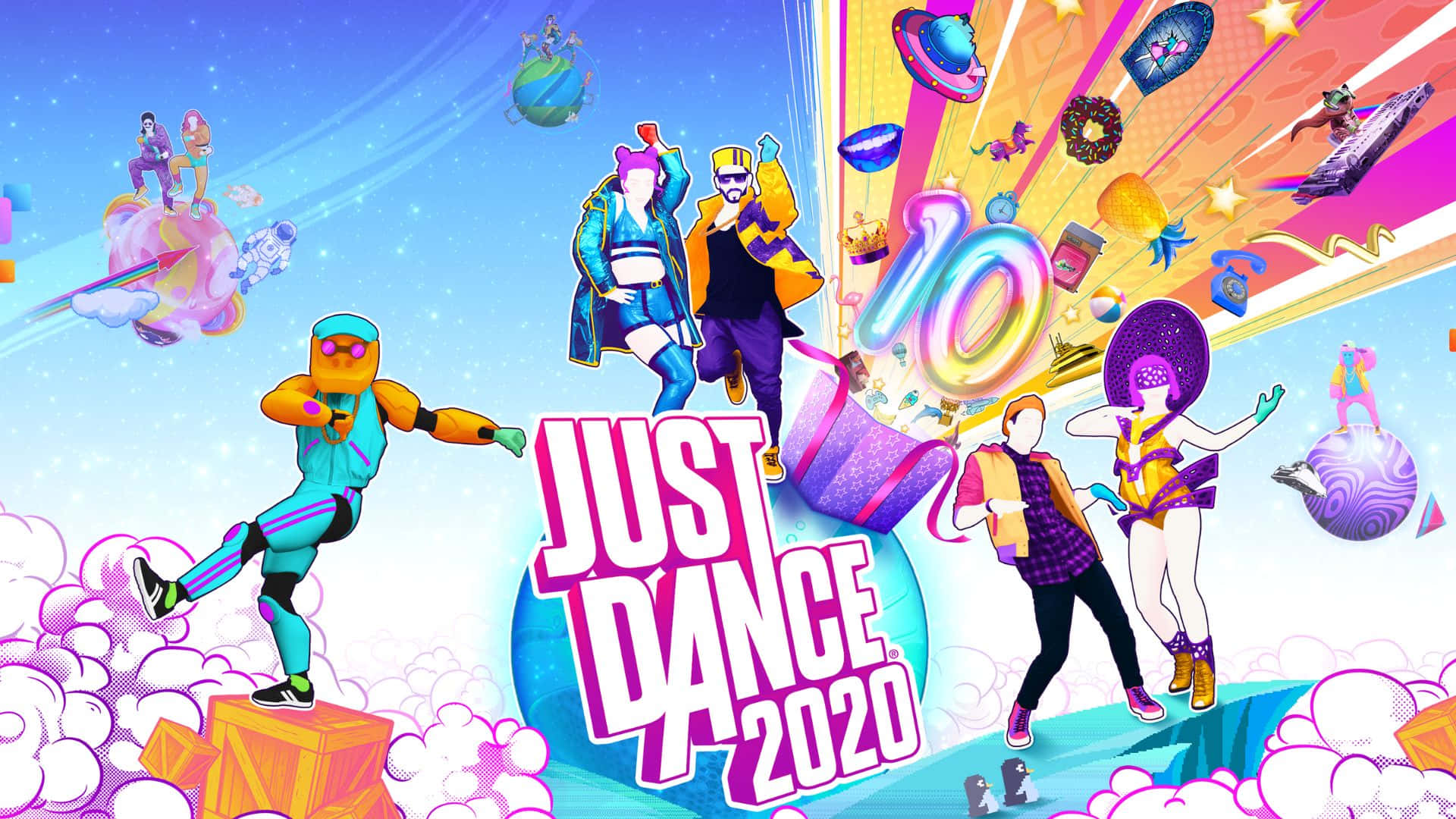 Just Dance 桌布 壁紙 — 充滿活力的卡通舞者在宇宙舞台上跳躍，伴隨著漂浮物體和一個巨大的「10」，呈現色彩繽紛的遊戲慶祝。