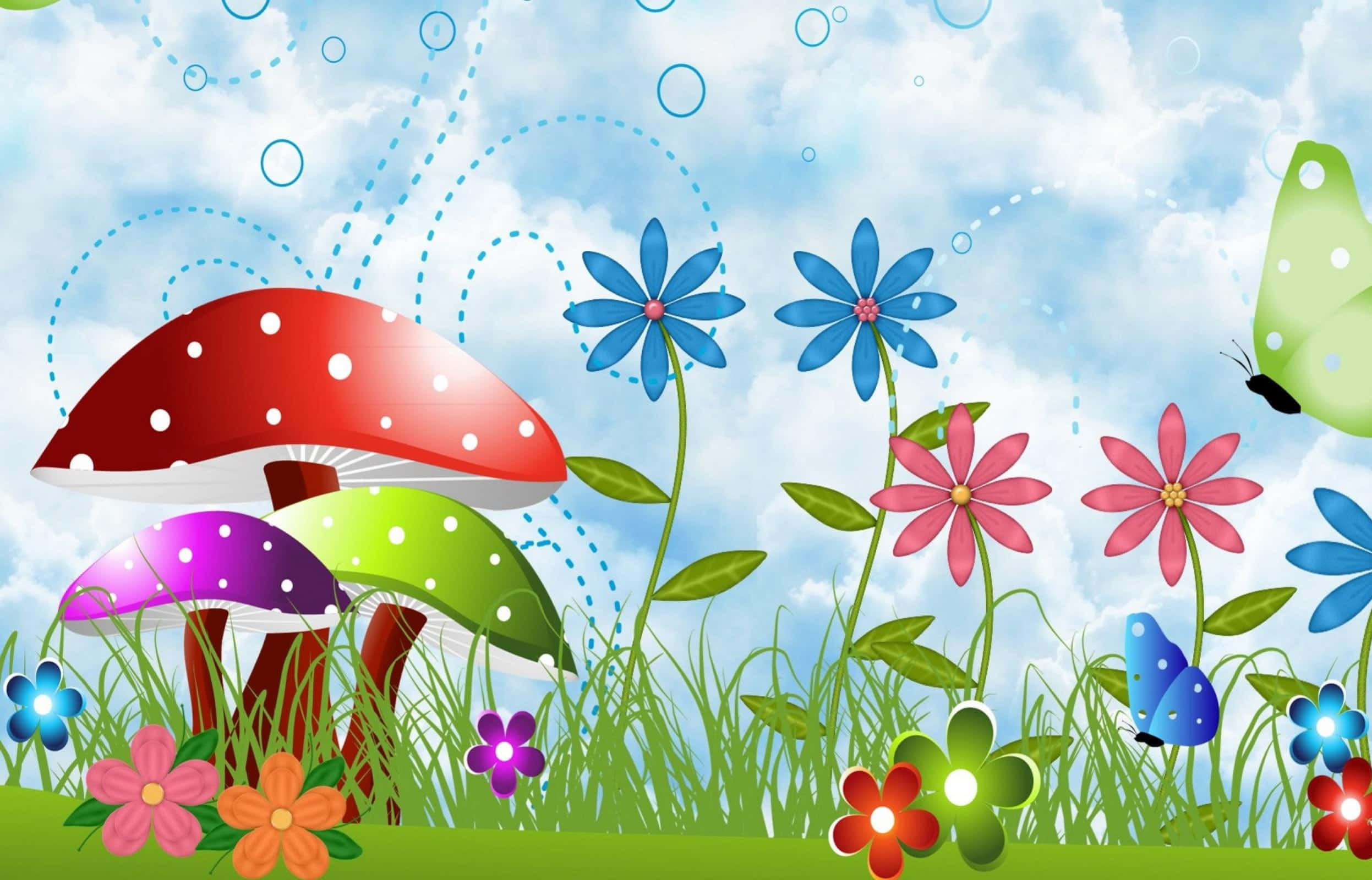 Kawaii Mushroom 桌布 壁紙 — 充滿活力的卡通蘑菇和花朵在一個異想天開的草地上盛開，藍天白雲，漂浮著泡泡。