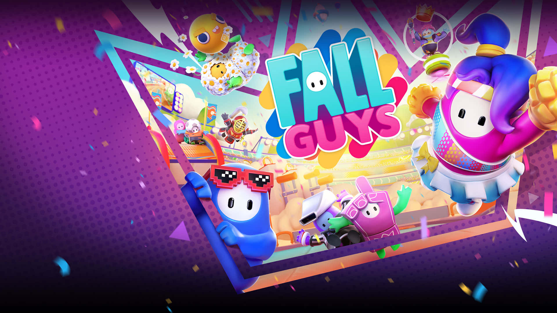 Cartoon Games 桌布 壁紙 — 充滿活力的卡通角色在一個色彩繽紛、充滿五彩紙屑和動態動作的遊戲競技場中跳躍翻滾。