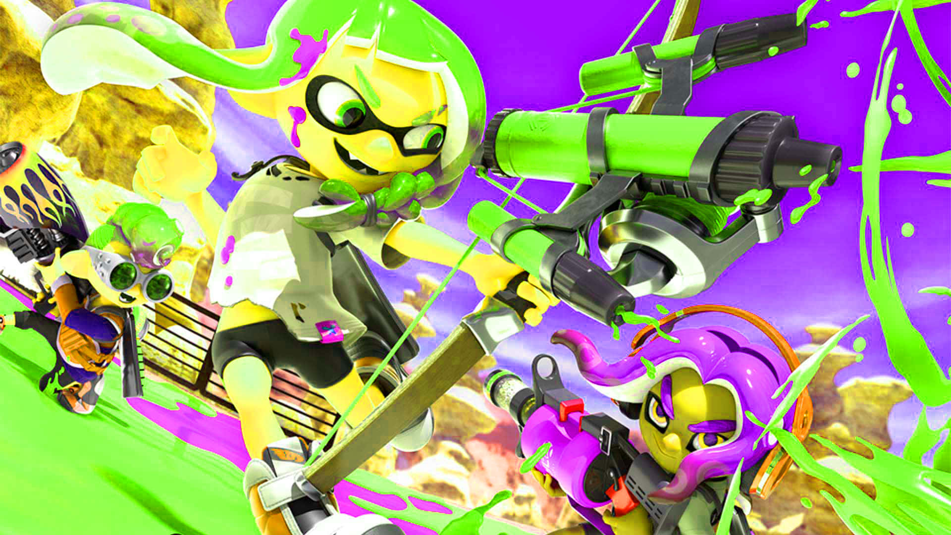 splatoon 桌布 壁紙 — 充滿活力的卡通角色在混亂的墨水戰鬥中，綠色和紫色的墨水飛濺穿過岩石峽谷。
