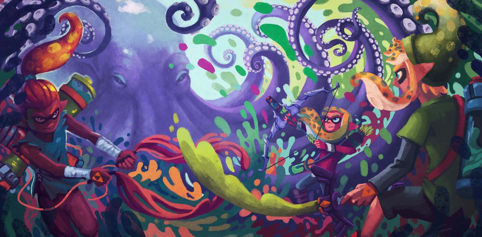 splatoon 桌布 壁紙 — 充滿活力的卡通角色在混亂的水花四濺的水下場景中與巨型章魚觸手戰鬥。