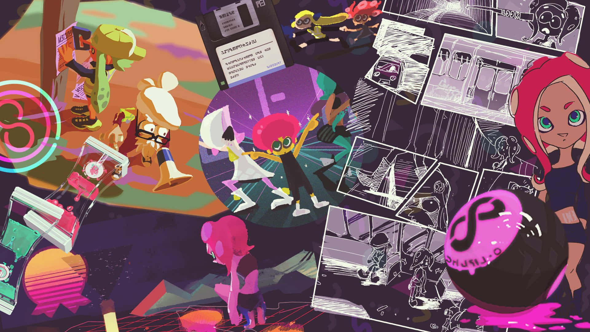splatoon 桌布 壁紙 — 充滿活力的卡通角色在漫畫面板和復古科技中跳舞互動，形成一幅浸沒在霓虹燈光中的數位拼貼畫。