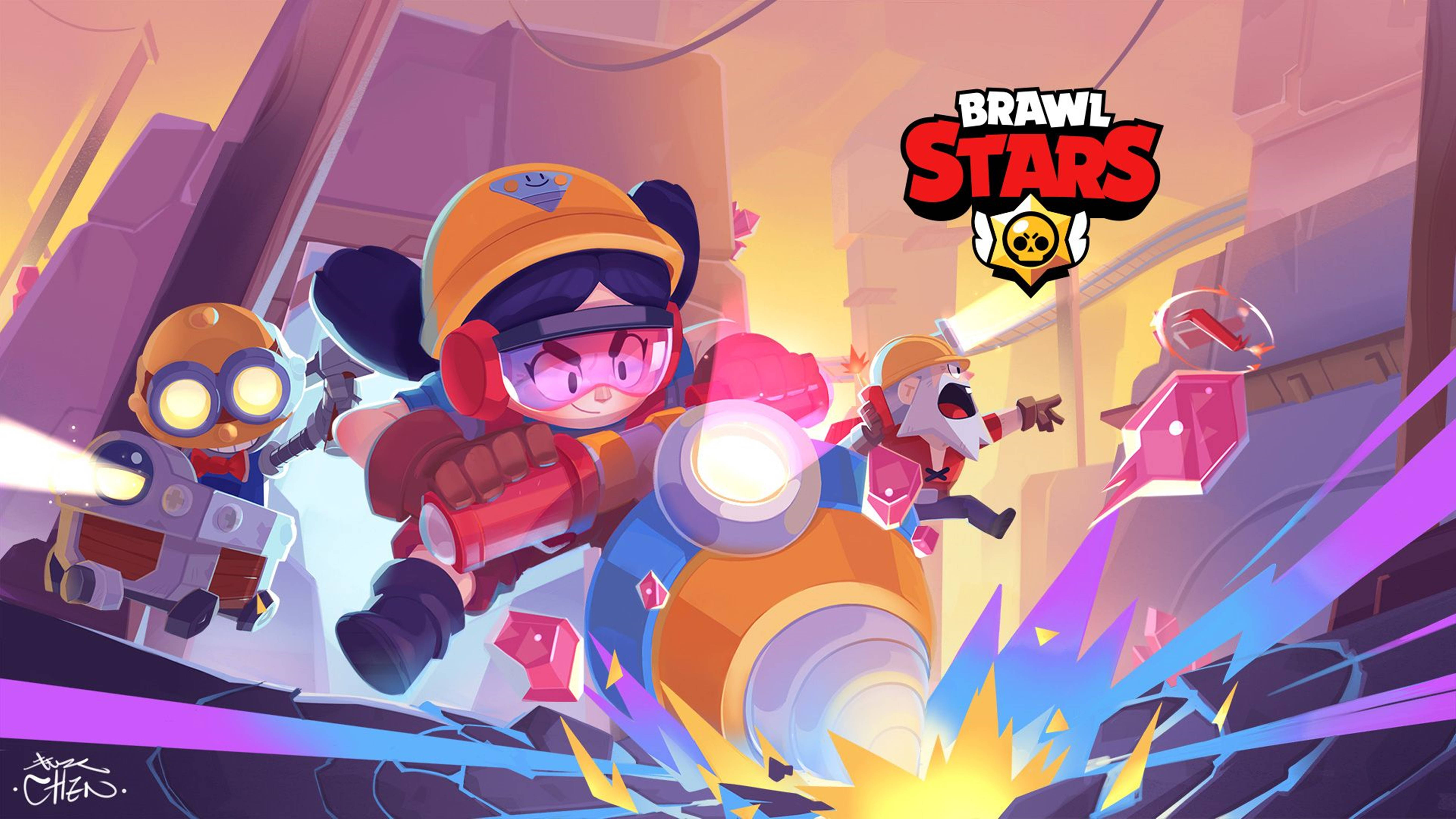 Brawl Stars 桌布 壁紙 — 充滿活力的卡通角色在風格化的城市小巷中戰鬥，配備發光武器和動態運動效果。