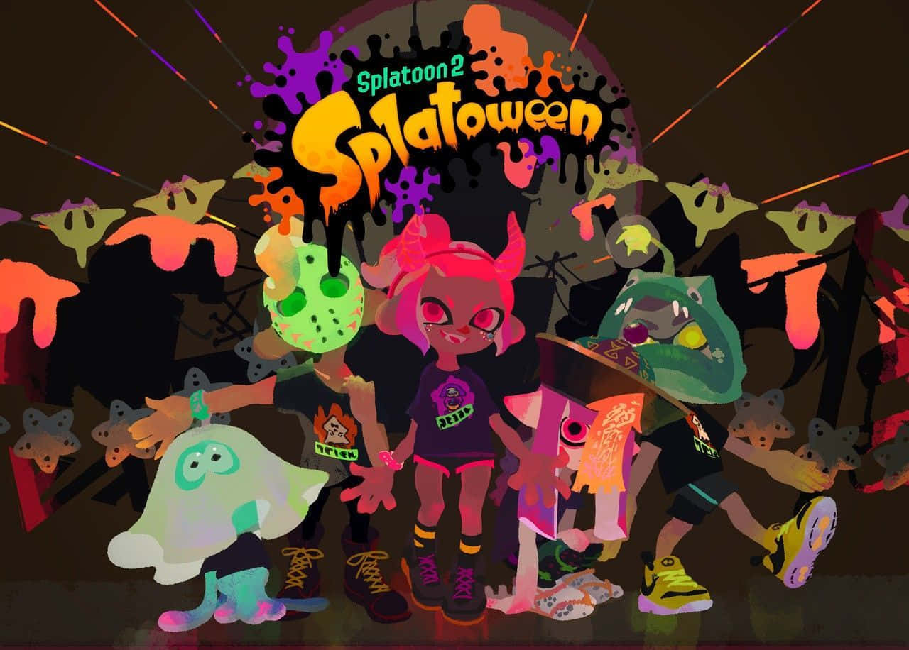 splatoon 桌布 壁紙 — 充滿活力的卡通角色穿著萬聖節服裝，在帶有發光裝飾的黑暗節日背景下潑灑彩色墨水。