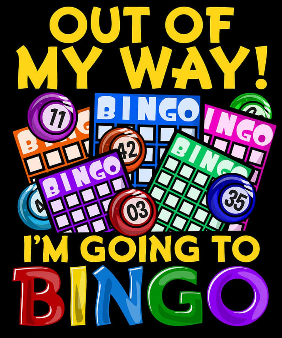 Bingo 桌布 壁紙 — 充滿活力的卡通賓果卡和彩色編號球在黑色背景上迸發，並以粗體黃色文字宣告對遊戲的興奮。