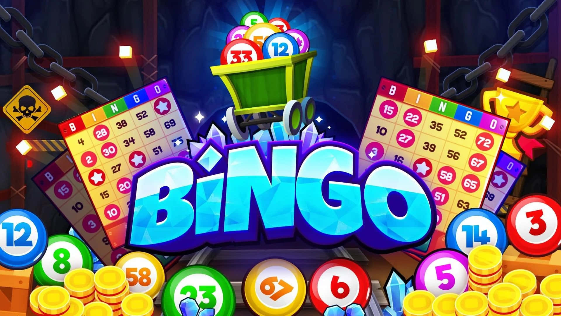Bingo 桌布 壁紙 — 充滿活力的卡通賓果遊戲場景，在戲劇性燈光下閃爍的卡片、數字和硬幣。