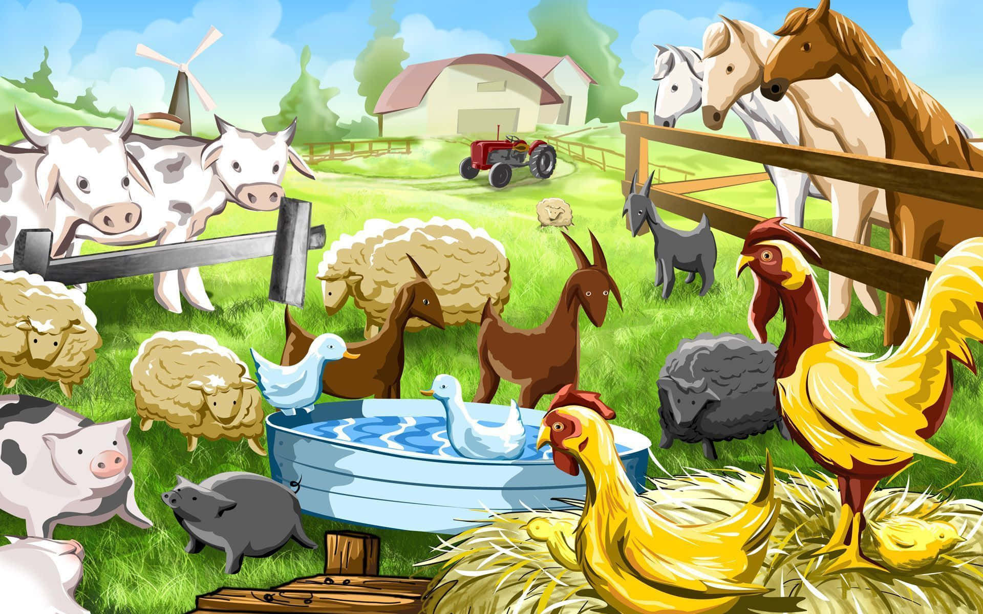 Farm Animal 桌布 壁紙 — 充滿活力的卡通農場場景，有牛、羊、山羊、雞、豬和鴨子聚集在藍色水槽周圍，陽光明媚的天空下。