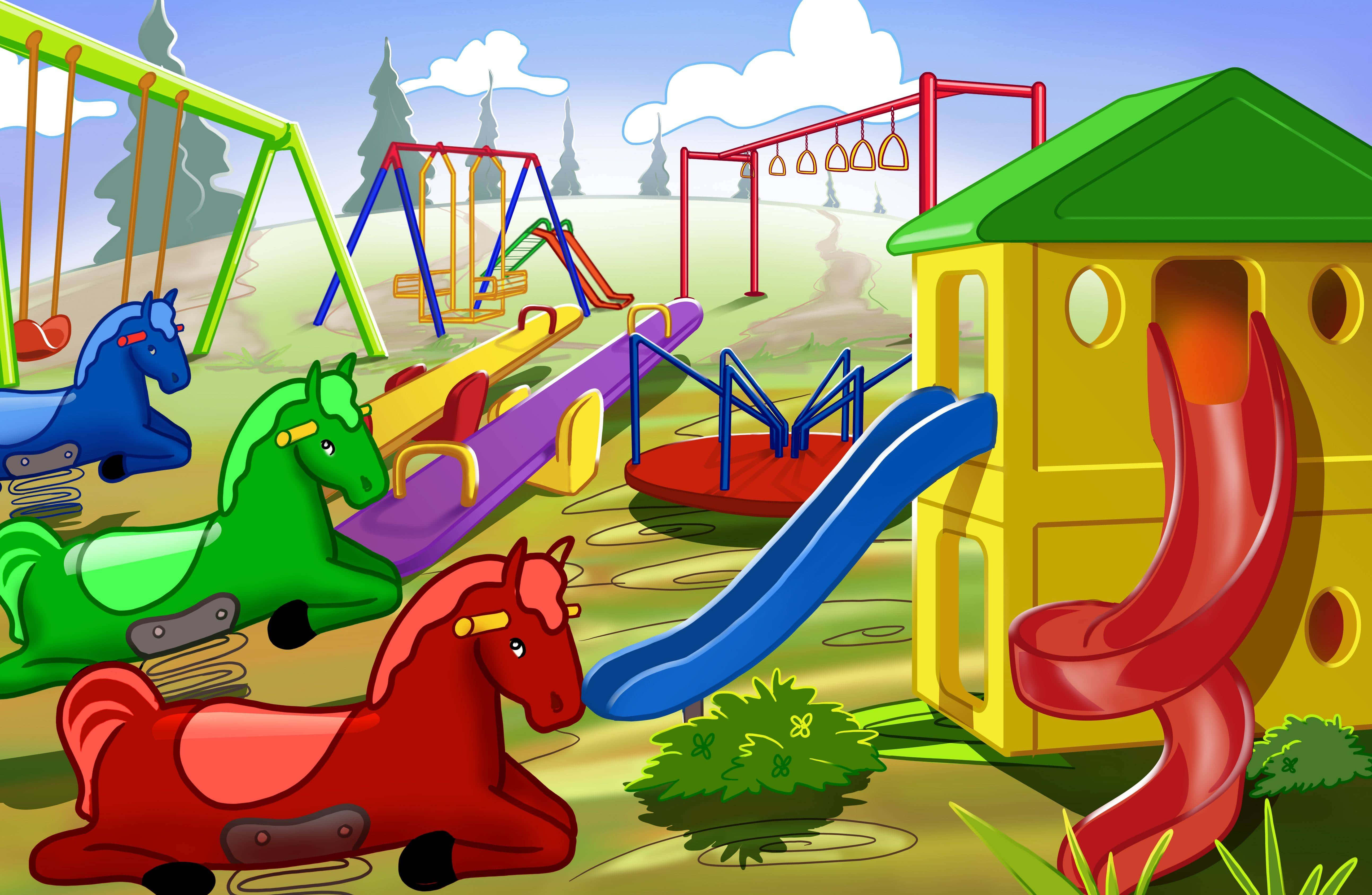 Playground 桌布 壁紙 — 充滿活力的卡通遊樂場，設有色彩繽紛的滑梯、彈簧搖搖馬和鞦韆，在明亮的藍天和蓬鬆的白雲下。