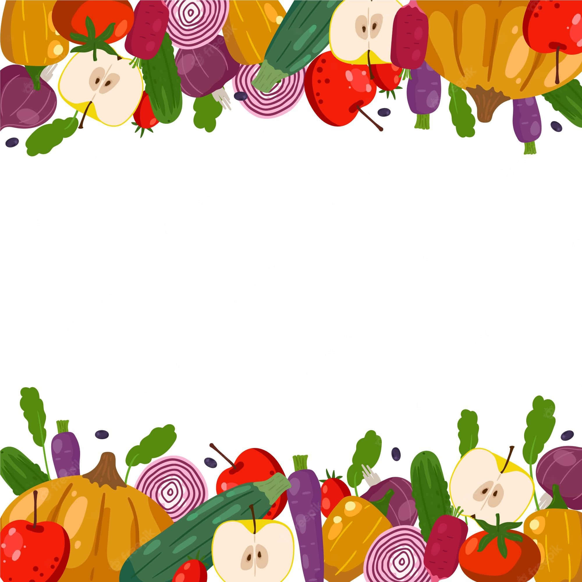 Fruits And Vegetables 桌布 壁紙 — 充滿活力的卡通邊框，由切片和完整的秋季蔬菜和水果組成，圍繞著一個空白的白色空間。