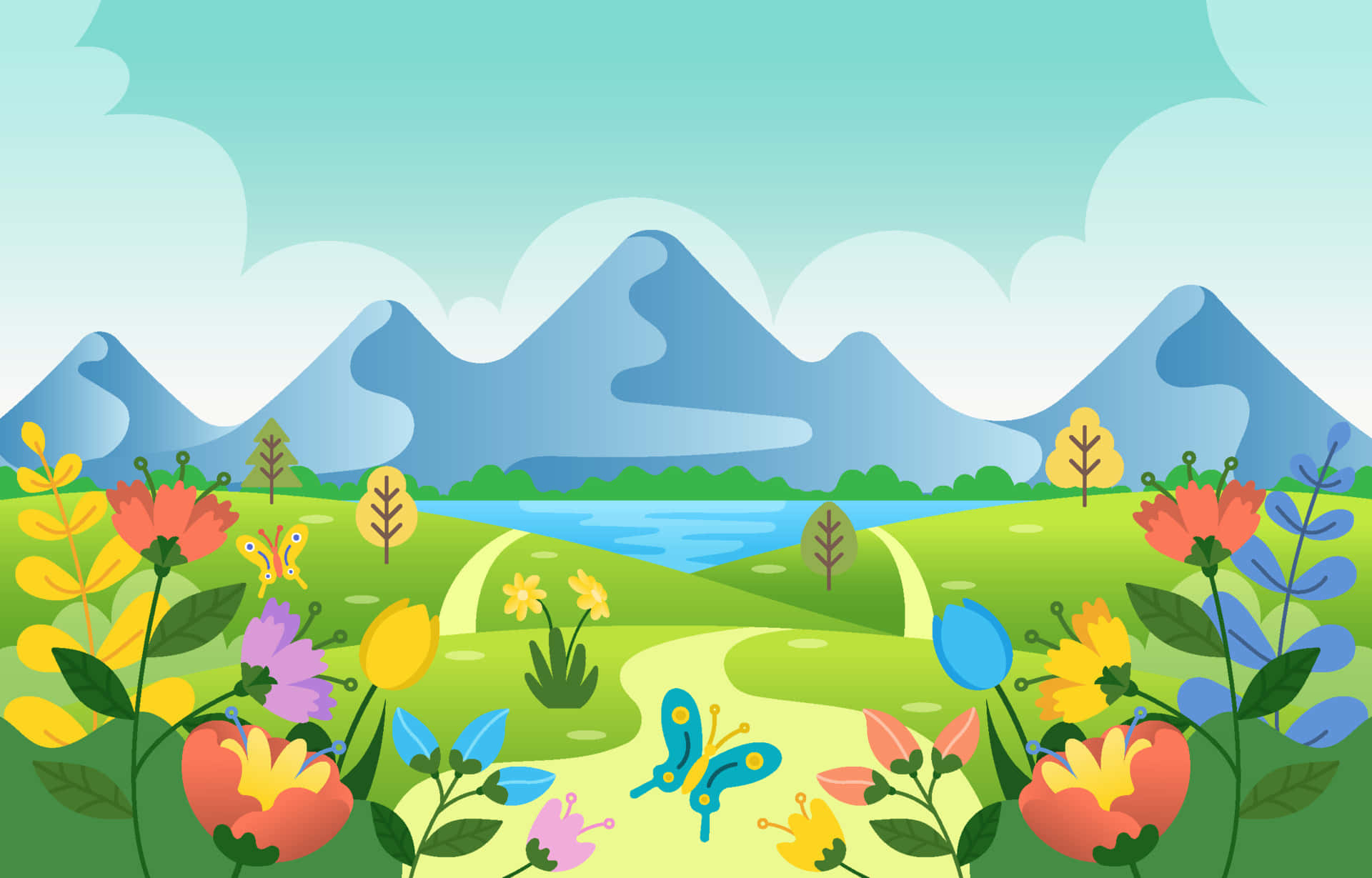 Nature Scenery 桌布 壁紙 — 充滿活力的卡通風景，蜿蜒小徑穿過色彩繽紛的花朵、蝴蝶和遠處的藍色山脈，天空柔和。