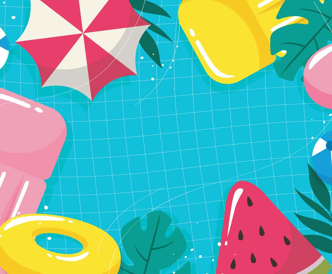 Swimming Pool 桌布 壁紙 — 充滿活力的卡通風格夏日泳池場景，配有漂浮的西瓜充氣環和棕櫚葉。