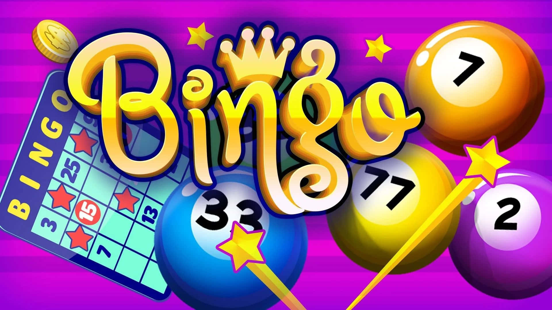Bingo 桌布 壁紙 — 充滿活力的卡通風格賓果遊戲，帶有發光的球和卡片，背景為紫色漸變。