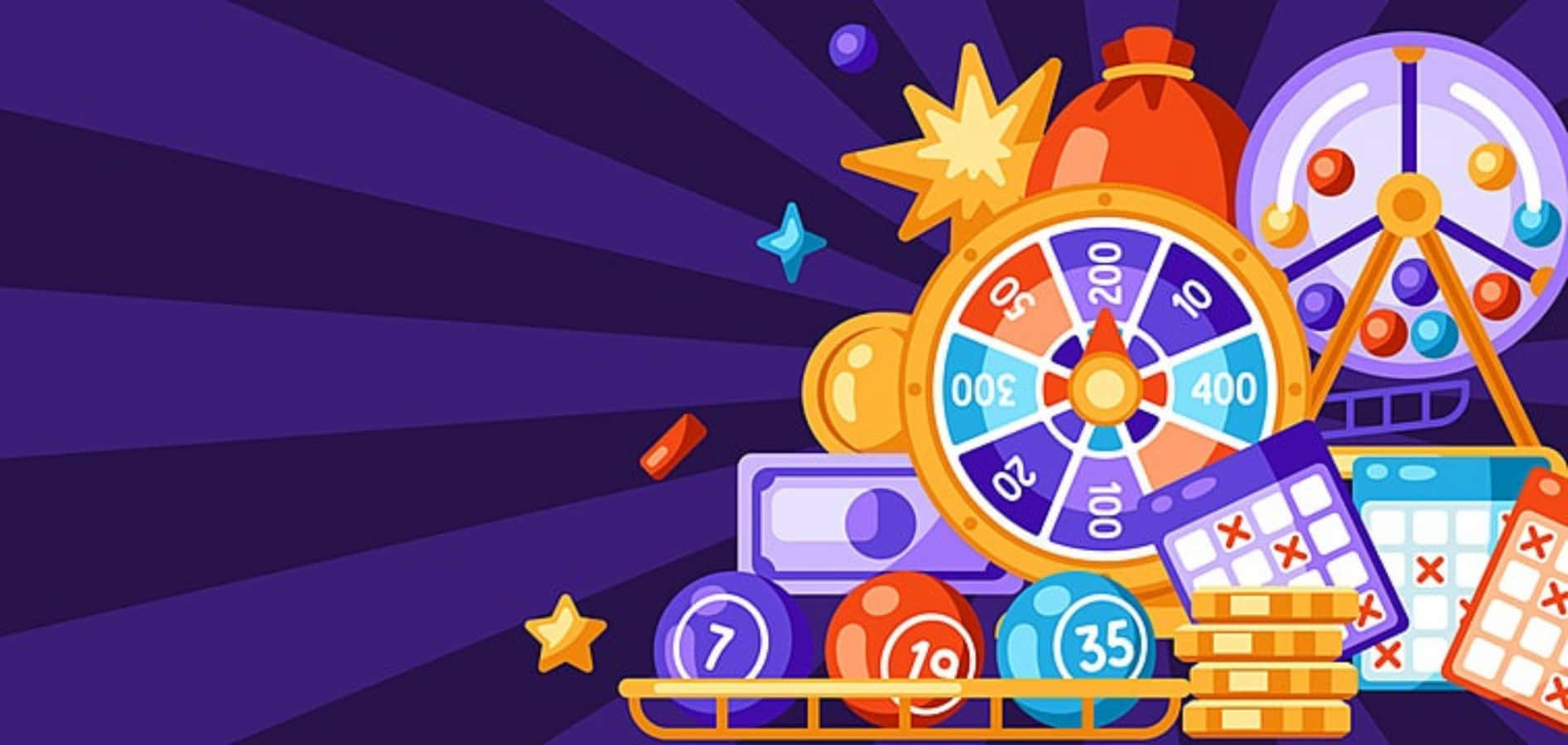 Bingo 桌布 壁紙 — 充滿活力的卡通風格賭場元素，如旋轉輪盤、彩票和硬幣，在紫色放射狀背景上爆發。