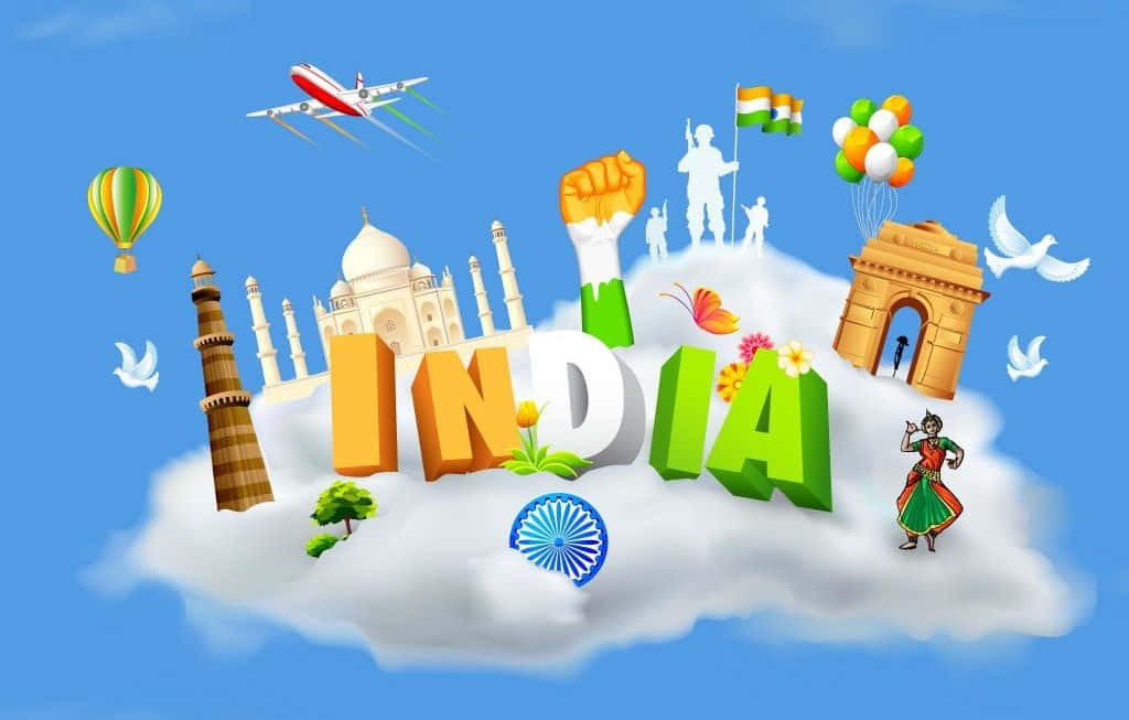 Independence Day 桌布 壁紙 — 充滿活力的印度3D插圖，描繪了標誌性地標、氣球和文化符號漂浮在雲端上，背景是明亮的藍天。