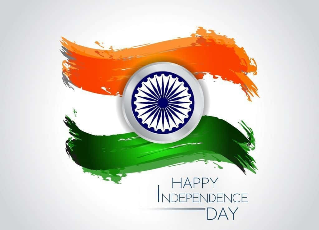 Independence Day 桌布 壁紙 — 充滿活力的印度國旗筆觸設計，白色條帶中央有阿育王法輪，背景為淺灰色。