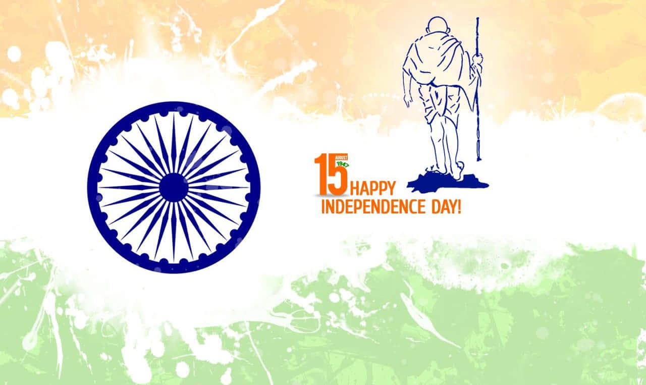 Independence Day 桌布 壁紙 — 充滿活力的印度獨立日壁紙，以Ashoka Chakra和甘地剪影為特色，背景是潑灑的三色旗。