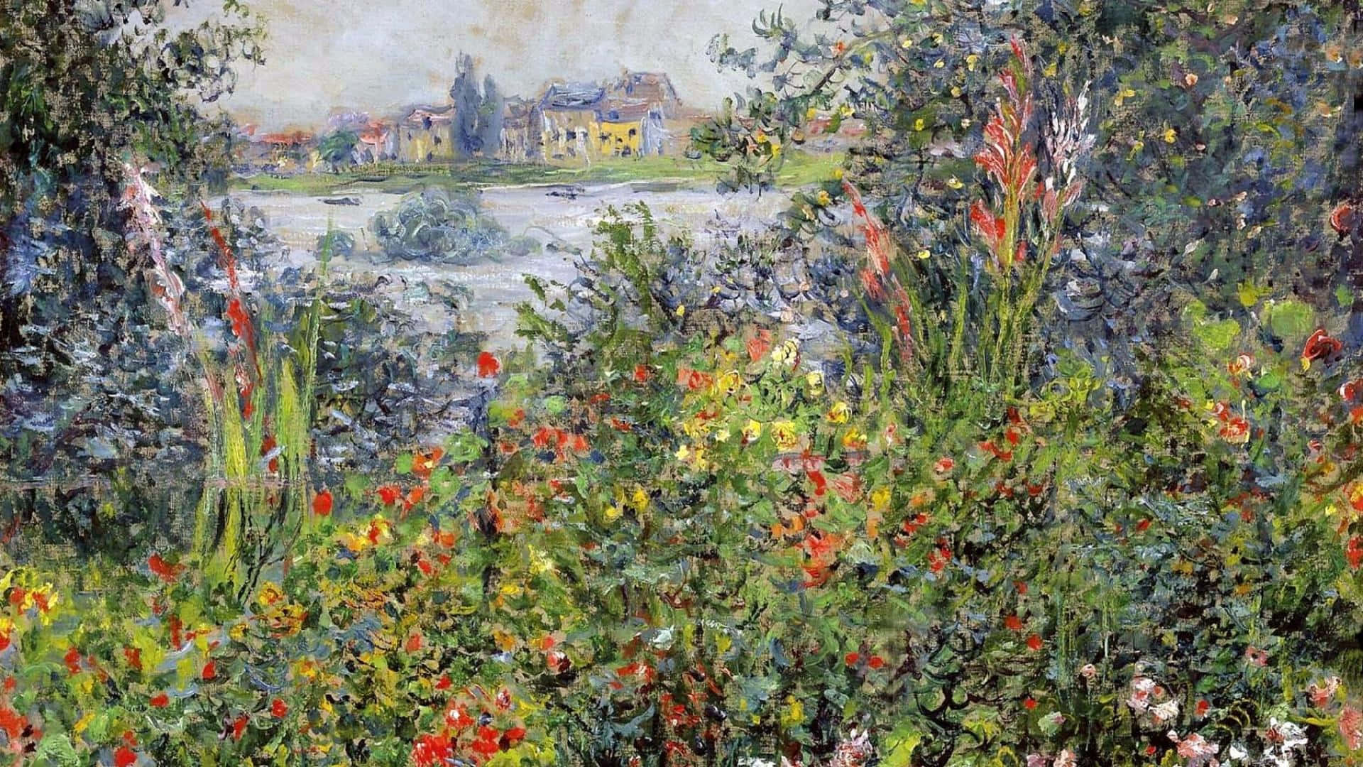 Impressionism 桌布 壁紙 — 充滿活力的印象派花園，盛開著紅色、黃色和粉紅色的花朵，框住了平靜河流對岸的遙遠村莊。