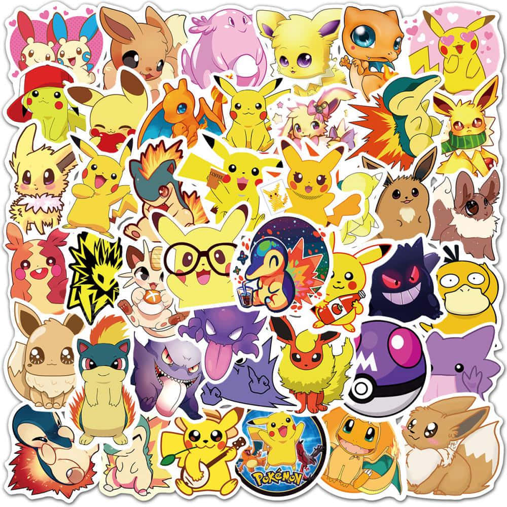 Pokemon Stickers 桌布 壁紙 — 充滿活力的可愛寵物小精靈貼紙拼貼畫，包含比卡超、伊貝及其他角色，以各種俏皮姿勢和服裝呈現。