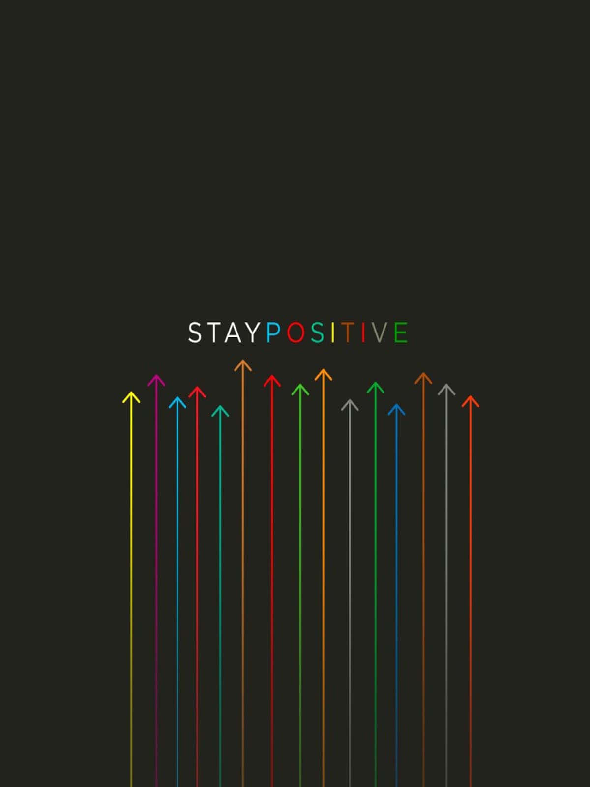Positive 桌布 壁紙 — 充滿活力的向上箭頭以彩虹色調從黑暗背景中升起，下方是色彩繽紛的文字「STAY POSITIVE」。
