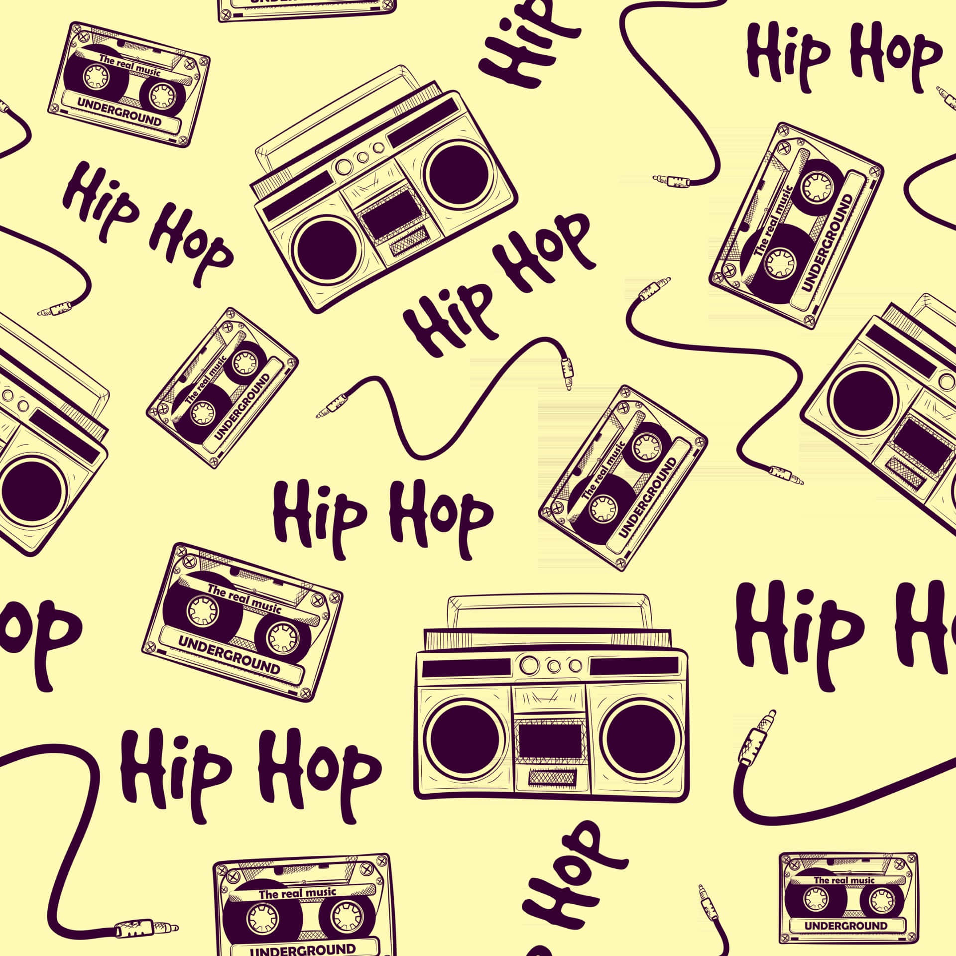 充滿活力的嘻哈風情 壁紙 — 在淡黃色背景上帶有 'Hip Hop' 文字的復古風格的音箱和卡式錄音帶圖案。