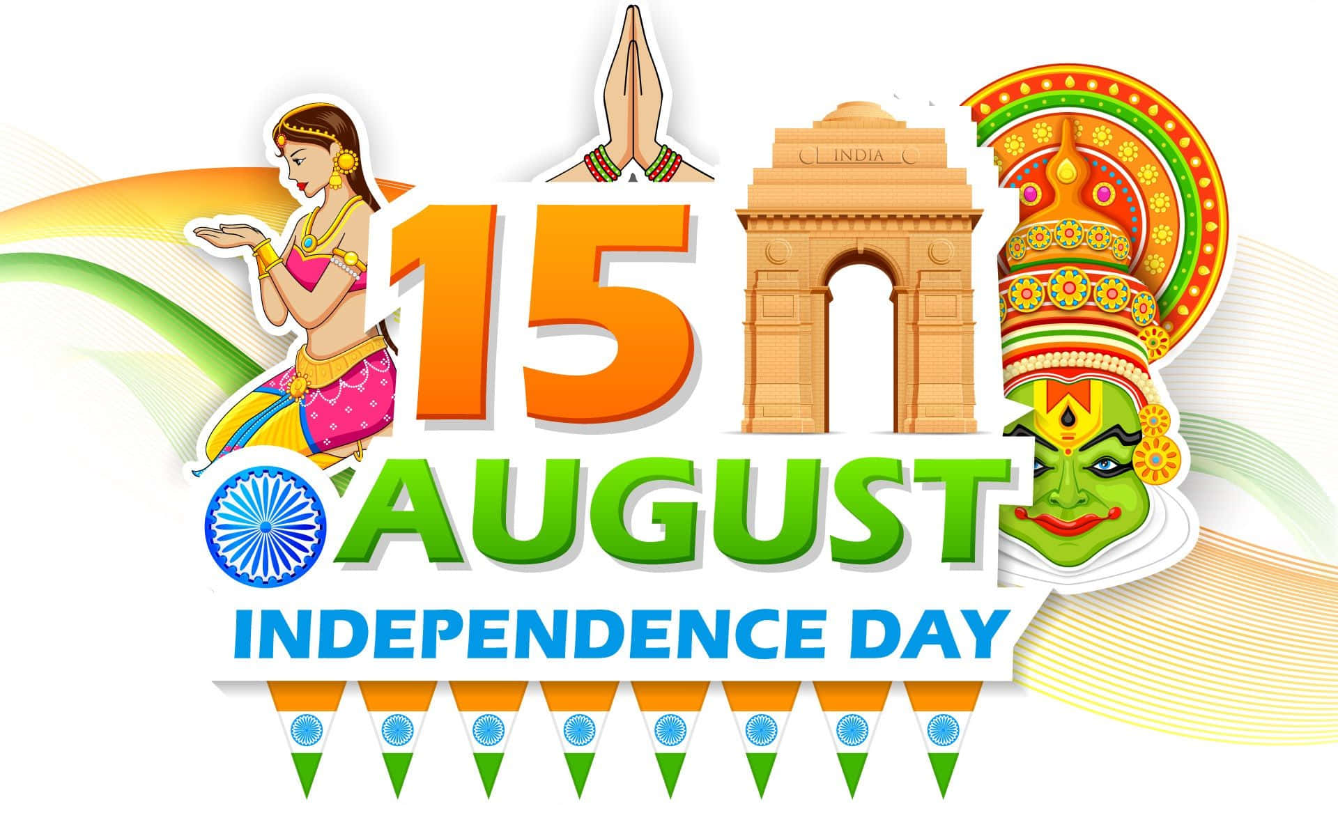 Independence Day 桌布 壁紙 — 充滿活力的圖形，以粗體文字、傳統舞者、印度門和色彩繽紛的文化圖案慶祝印度獨立日。