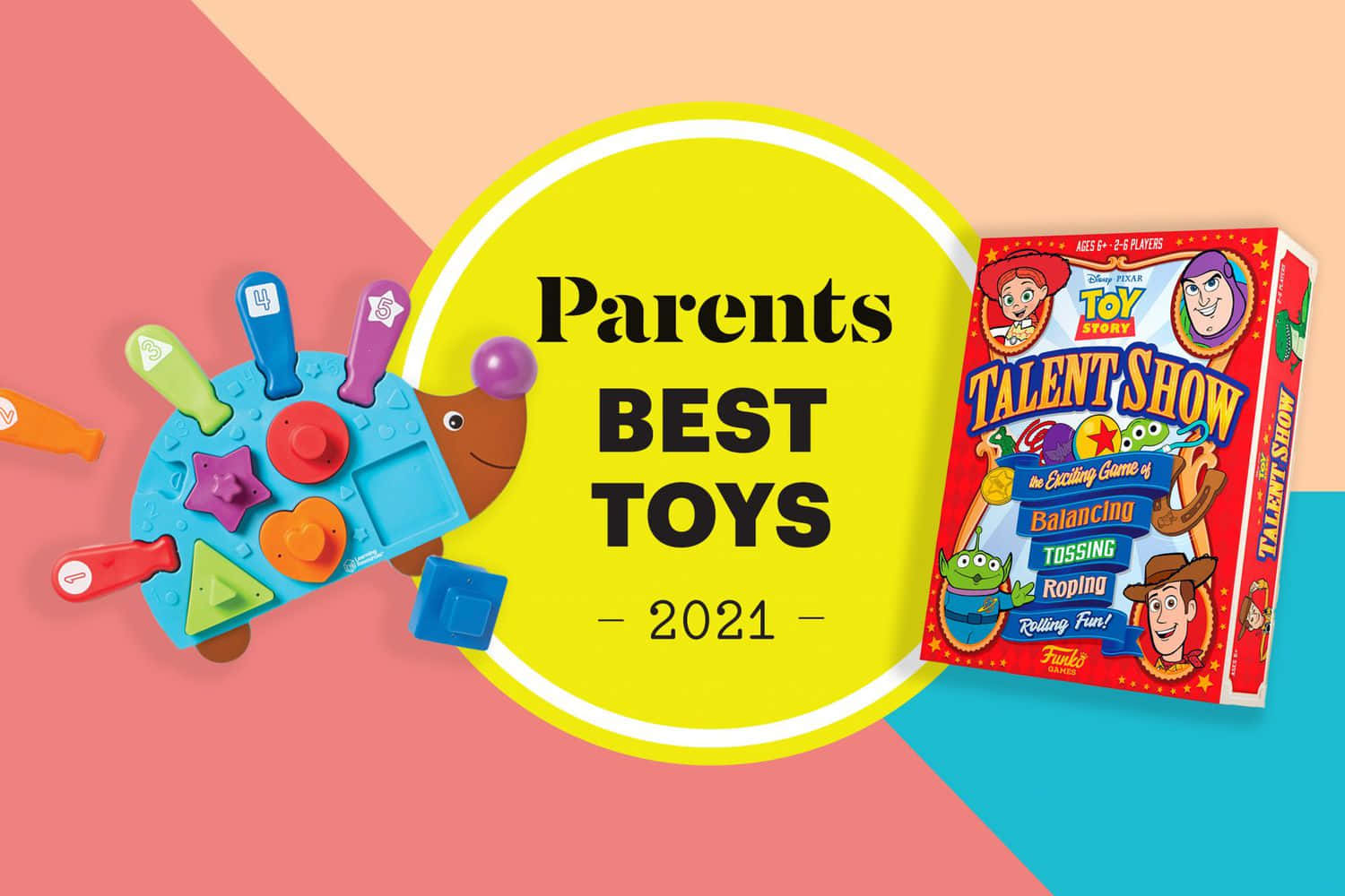toys 桌布 壁紙 — 充滿活力的圖形，展示「Parents Best Toys 2021」，包含色彩繽紛的形狀分類玩具和反斗奇兵才藝表演遊戲，背景為柔和幾何圖案。