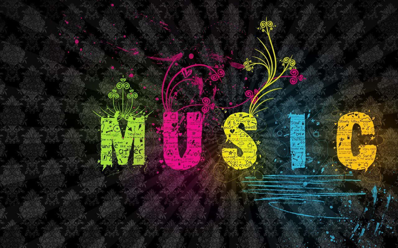 Musical 桌布 壁紙 — 充滿活力的塗鴉風格單詞「MUSIC」以彩虹色彩在深色花卉圖案背景上綻放。