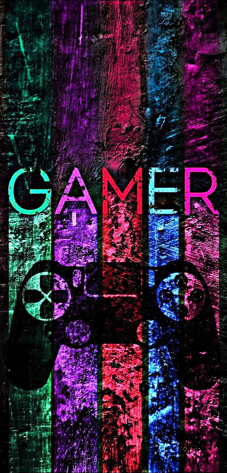 Pro Gamer 桌布 壁紙 — 充滿活力的塗鴉風格牆紙，帶有「GAMER」文字和控制器剪影，背景為紋理豐富的多色條紋。