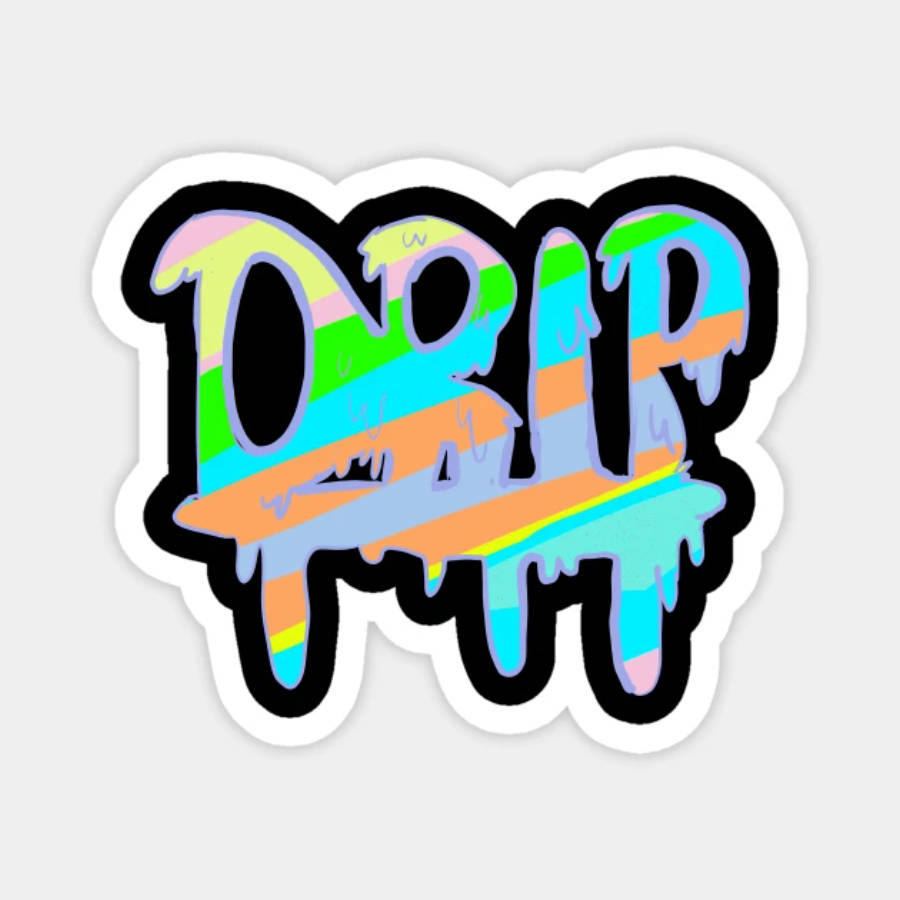 Drip 桌布 壁紙 — 充滿活力的塗鴉風格貼紙，帶有滴落的彩虹色拼寫'DRIP'，背景為純色。