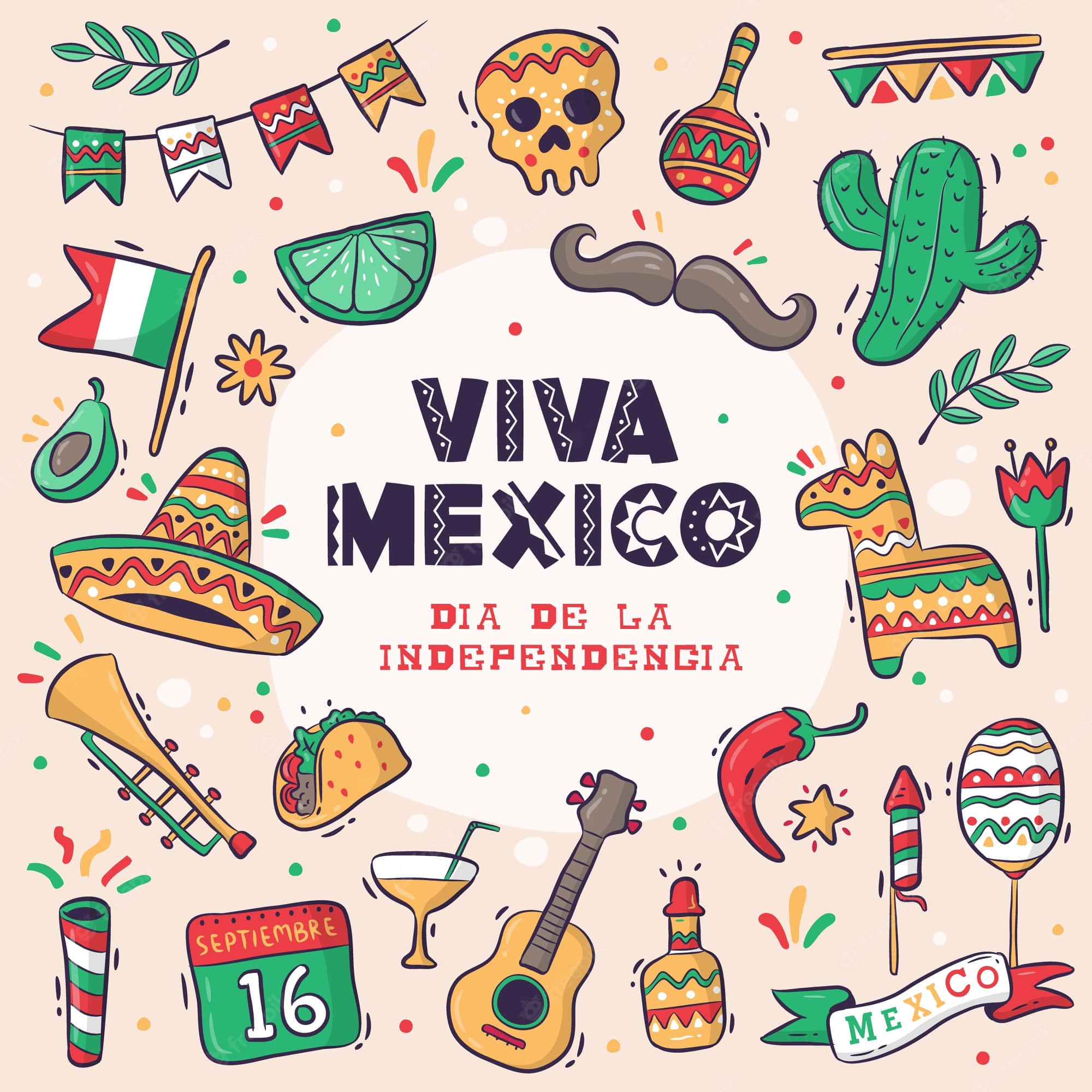 Viva Mexico！ 壁紙 — 充滿活力的墨西哥獨立慶祝插圖，以闊邊帽、沙錘、仙人掌和玉米餅圍繞中央的「Viva Mexico」文字。