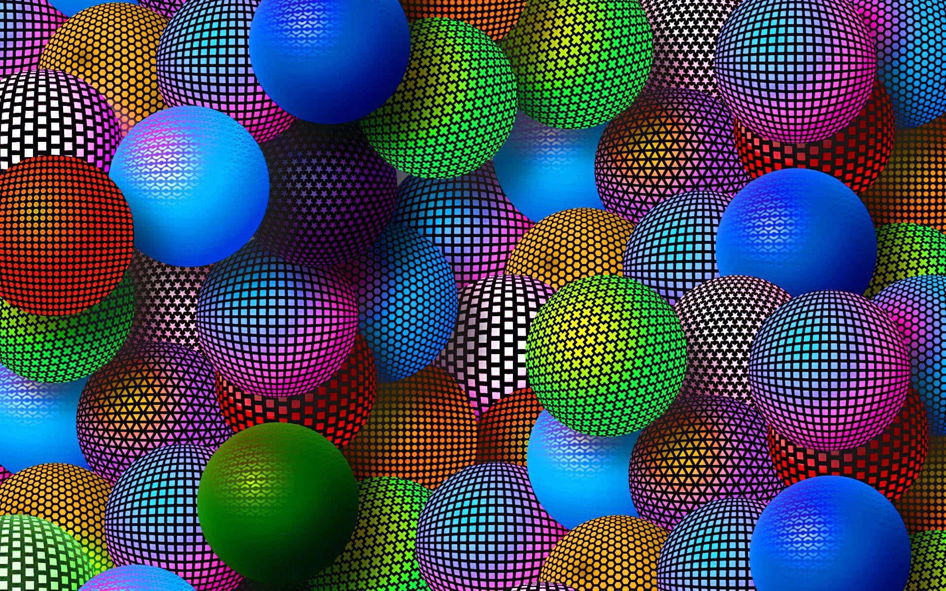 3d Graphics 桌布 壁紙 — 充滿活力的多色球體，帶有幾何點狀圖案，密集排列在動態抽象構圖中。